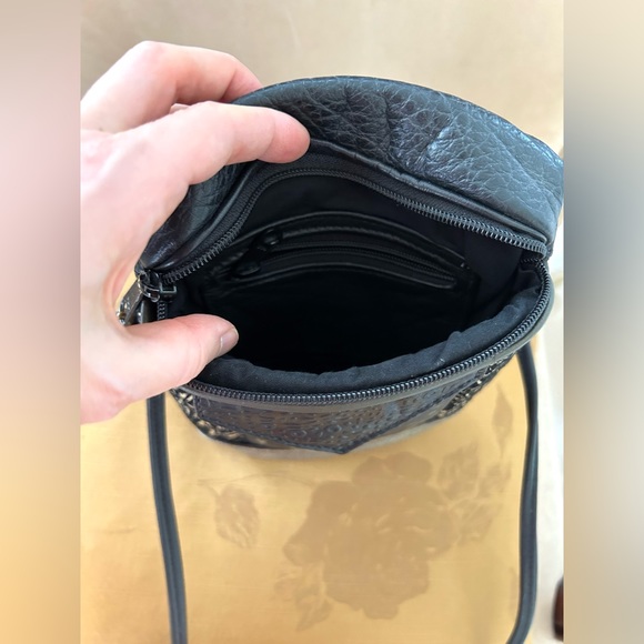 Leather and Suede Mixed Media Black and Gold Handbag Crossbody - Picture 9 of 10